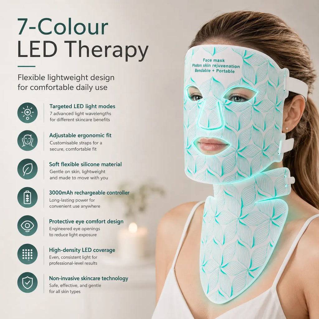 Woman wearing a 7-colour LED therapy face and neck mask with features listed on the left.